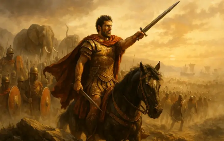 Hannibal Barca’nın savaş meydanında at üzerinde kılıç kaldırdığı, arkasında yürüyen Kartaca askerleri ve savaş filleri bulunan epik tarihi sahne.